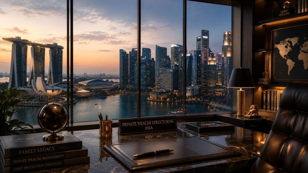 Luxury private wealth structuring office in Asia overlooking Singapore skyline representing international wealth management and family office strategy.