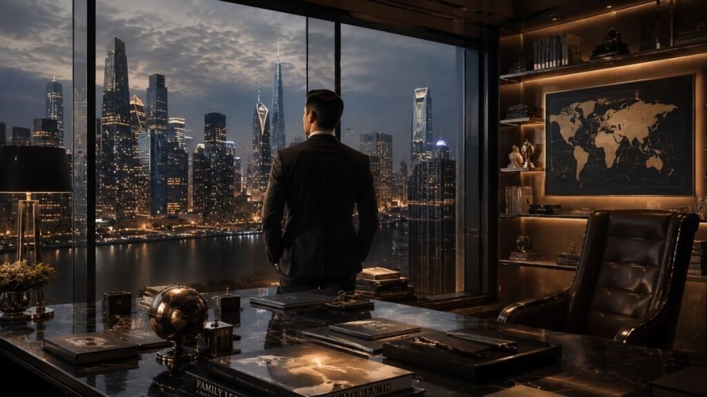 Luxury private wealth management office representing global wealth diversification strategies for wealthy families and international entrepreneurs.