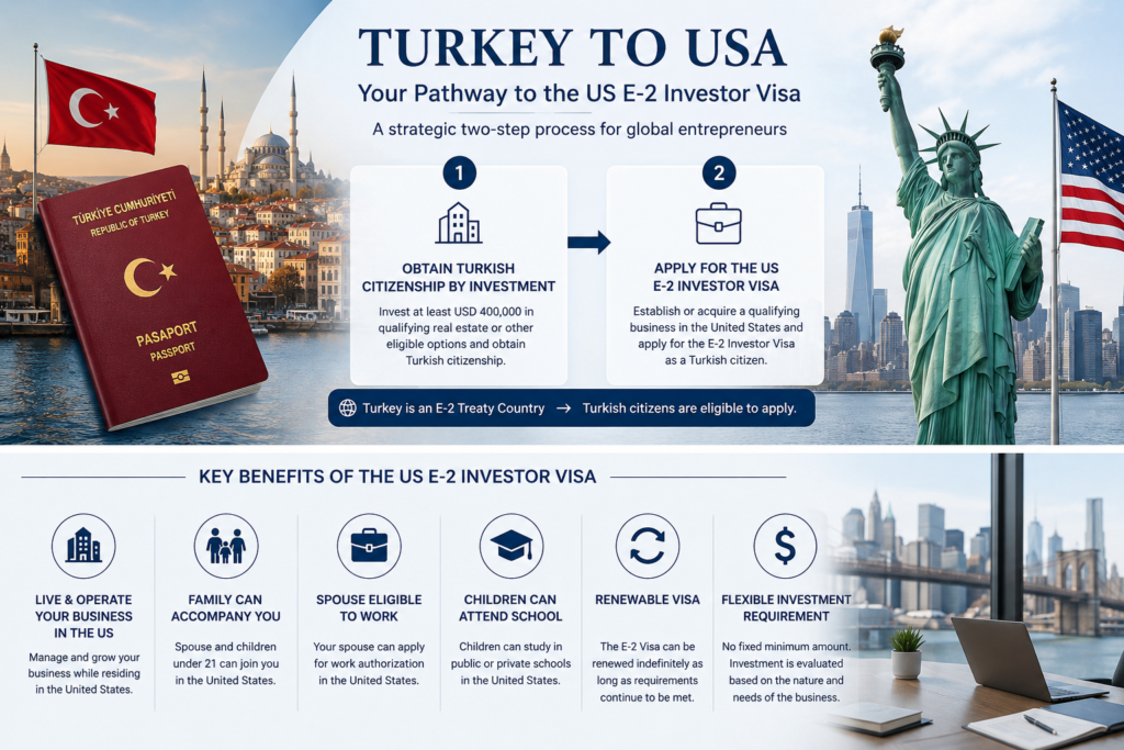 Infographic comparing the key benefits of the US E-2 Investor Visa available to Turkish passport holders.